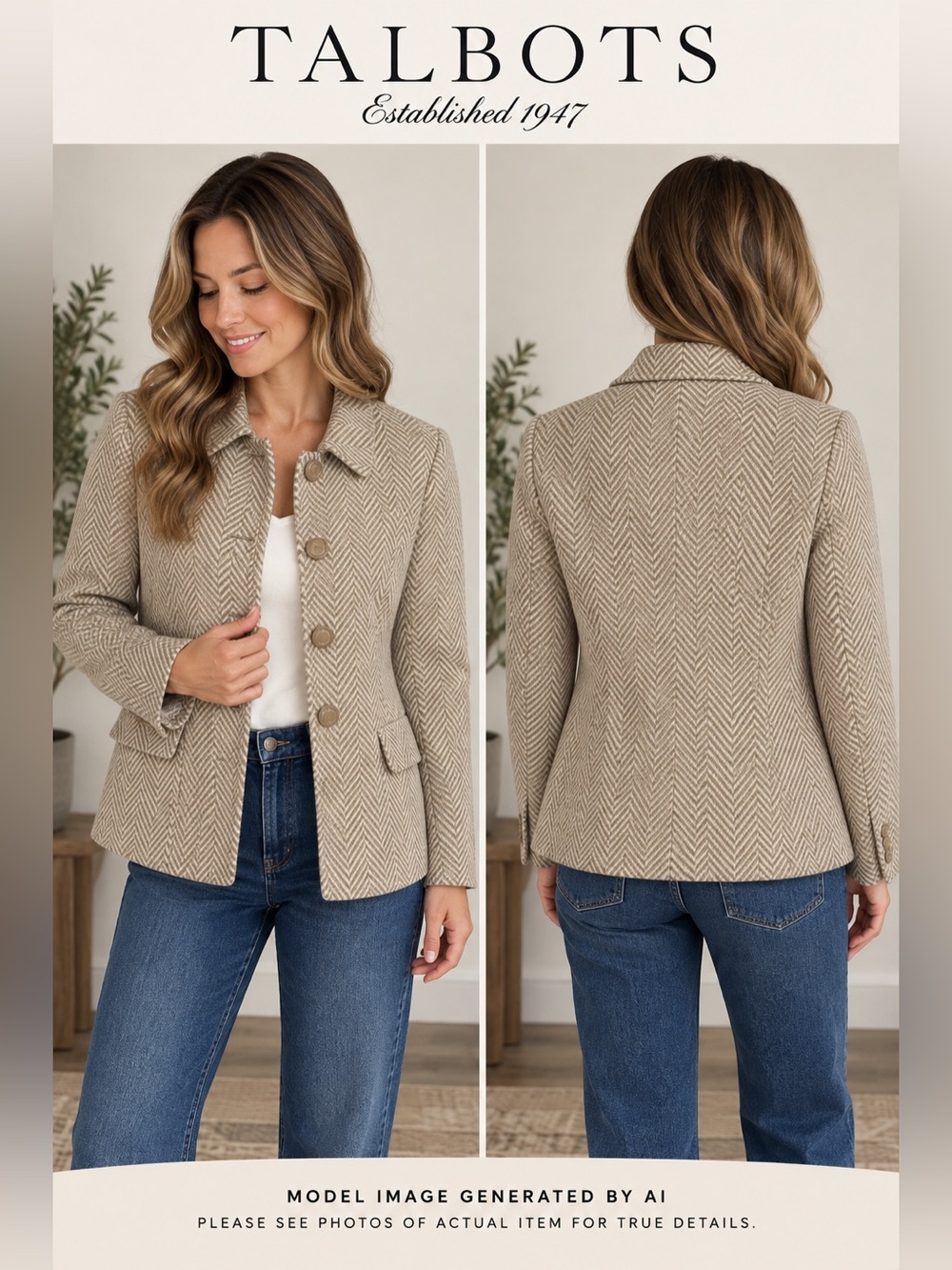 Talbots Collection Petites 12P Herringbone Wool Blend Blazer Jacket Quiet Luxury
